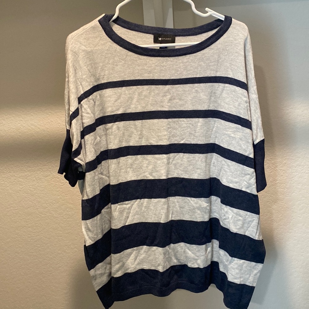Gray and Navy Blue Striped Bat Wing Sweater Top